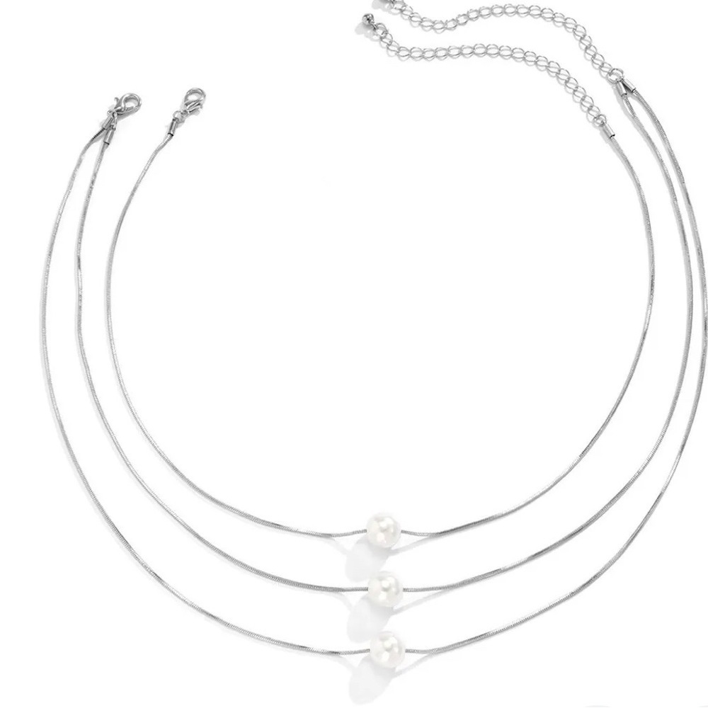 Triple Silver Layered Snake Chain each with a Single Pearl - Picture 2 of 5
